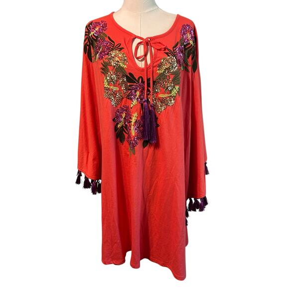 Roamans Top Poncho NWOT 3X 30/32 Embroidery Sequins Tassel Tie Art to Wear - Picture 4 of 9